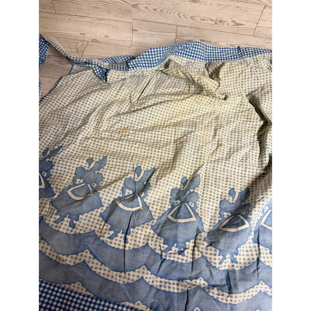 Vintage Blue Gingham Half Apron Dutch Girl Sunbonnet Scalloped Print Grannycore
